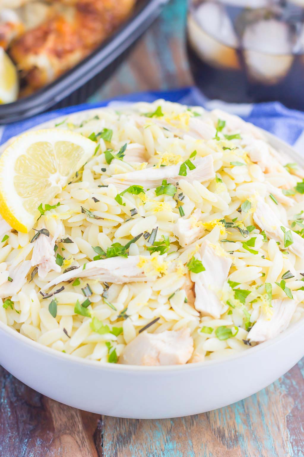 lemon orzo salad in large white bowl