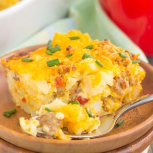 Loaded with fluffy eggs, sausage bites, hash brown potatoes, and cheese, this tasty Sausage and Hash Brown Breakfast Casserole comes together in minutes and is sure to be a favorite dish!