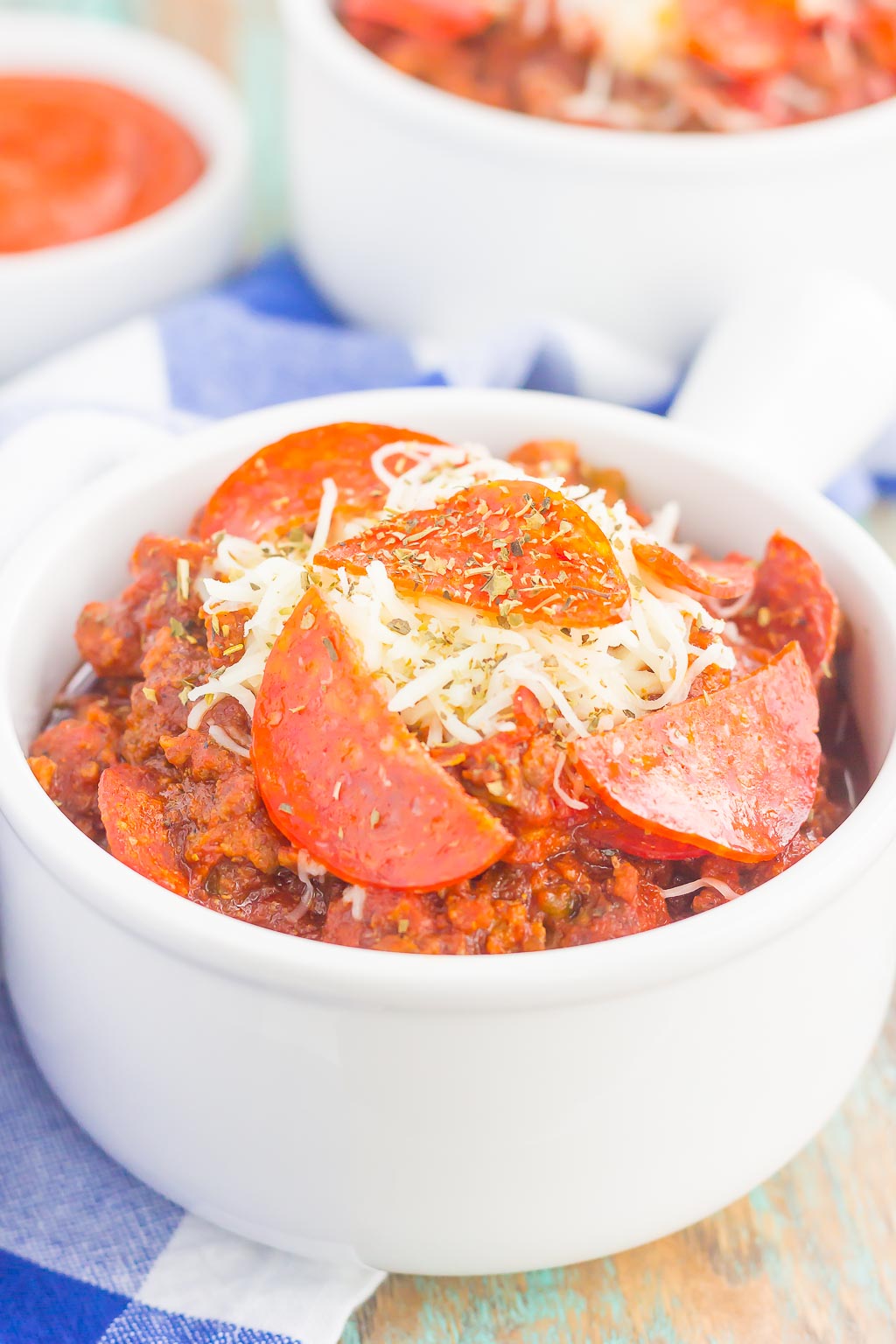 No bean pizza chili in a white ramekin. 