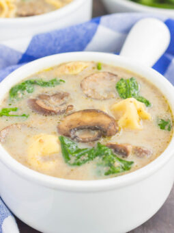 This Creamy Mushroom and Spinach Tortellini Soup is made in one pot and ready in just 30 minutes. Packed with fresh mushrooms, cheese tortellini, and baby spinach, this soup is creamy, comforting, and will warm you right up!