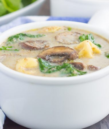 This Creamy Mushroom and Spinach Tortellini Soup is made in one pot and ready in just 30 minutes. Packed with fresh mushrooms, cheese tortellini, and baby spinach, this soup is creamy, comforting, and will warm you right up!