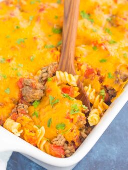 This Cheeseburger Casserole is loaded with the flavors of a classic cheeseburger, but in comfort food form. Tender pasta, seasoned ground beef, and a sprinkling of spices and cheese make this dish a family favorite for dinner!