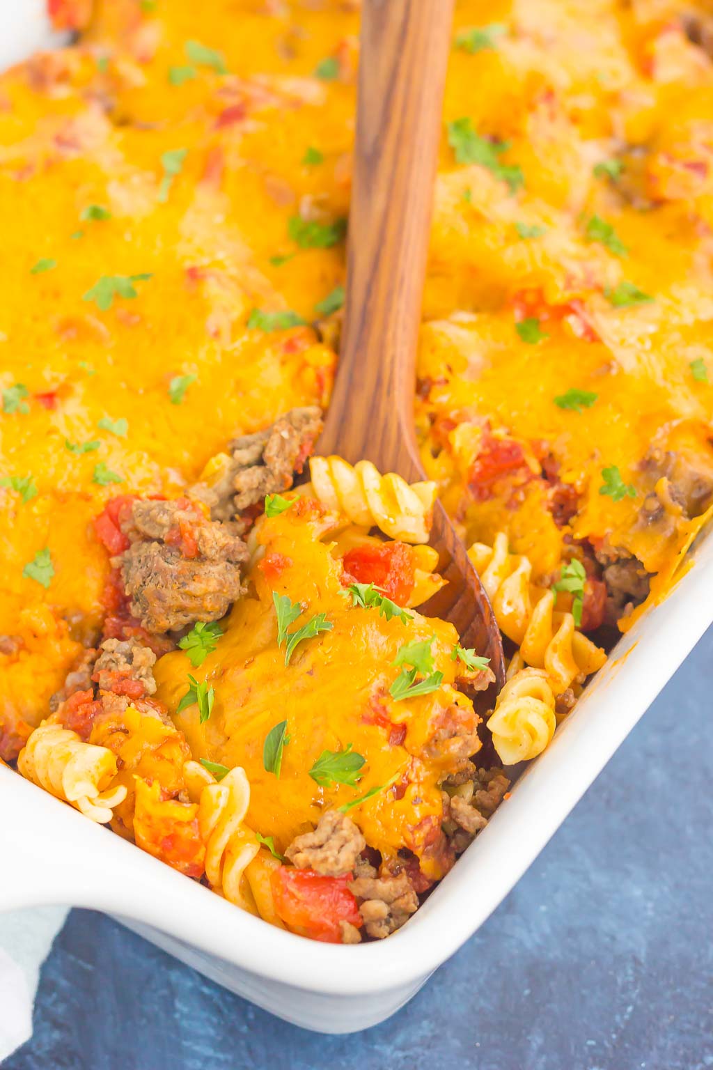 cheeseburger casserole in white casserole dish