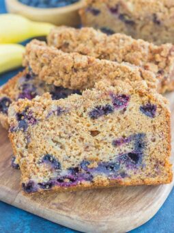 This Cinnamon Streusel Blueberry Banana Bread is packed with the classic banana bread flavor, loaded with juicy blueberries, and topped with a sweet and crumbly cinnamon streusel. Soft, moist, and perfectly delicious, this quick bread makes the best breakfast or dessert!