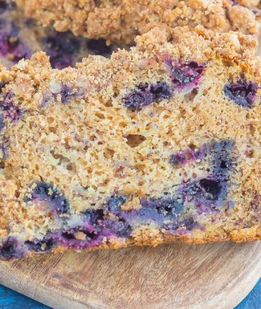 This Cinnamon Streusel Blueberry Banana Bread is packed with the classic banana bread flavor, loaded with juicy blueberries, and topped with a sweet and crumbly cinnamon streusel. Soft, moist, and perfectly delicious, this quick bread makes the best breakfast or dessert!