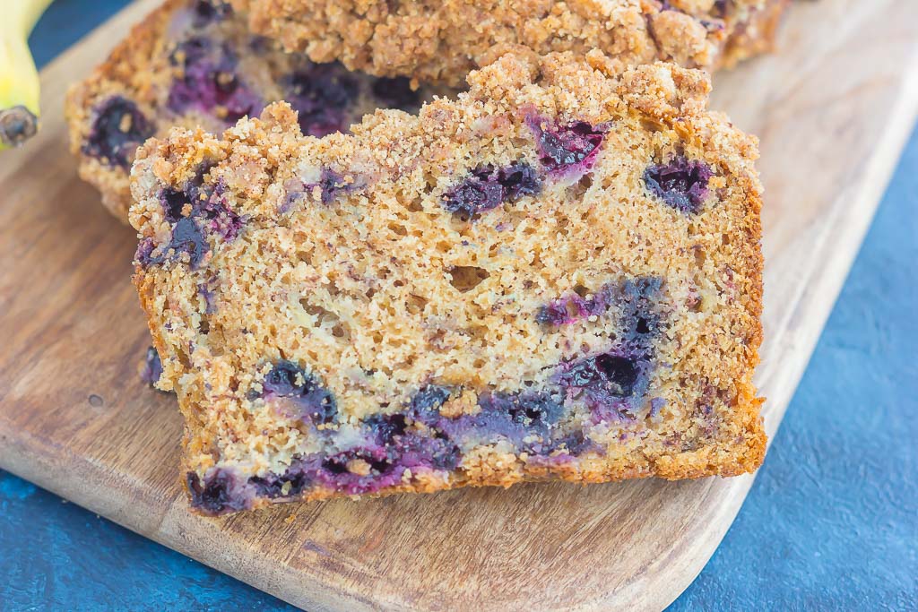 This Cinnamon Streusel Blueberry Banana Bread is packed with the classic banana bread flavor, loaded with juicy blueberries, and topped with a sweet and crumbly cinnamon streusel. Soft, moist, and perfectly delicious, this quick bread makes the best breakfast or dessert!