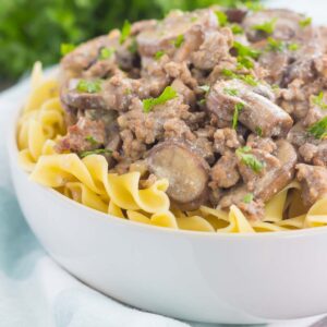 This One Pan Beef Stroganoff is packed with crumbled ground beef, tender mushrooms, and a rich and creamy sauce. Made with just a few ingredients and ready in just 30 minutes, you can have this easy dish ready to devour in no time!