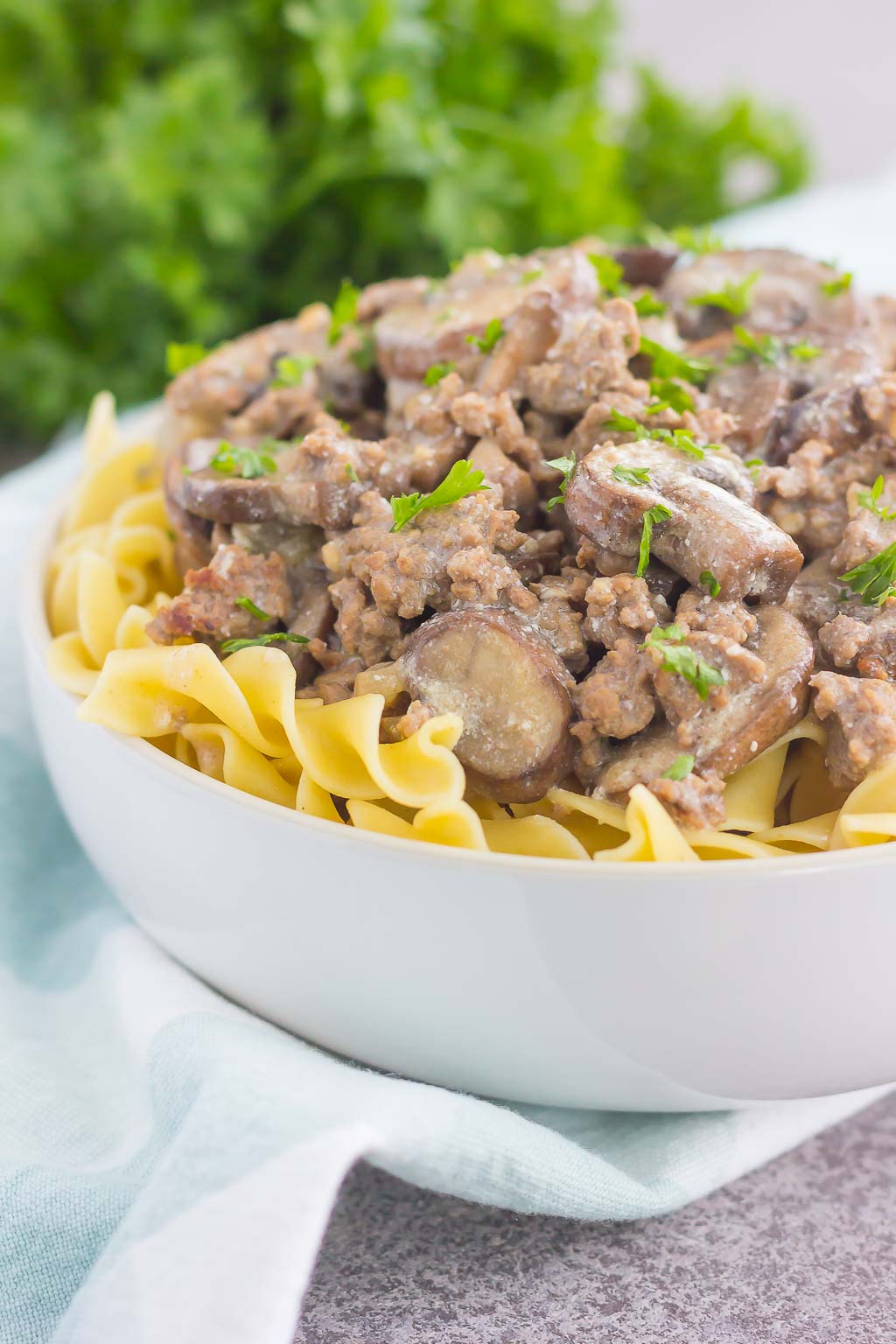 Easy ground beef stroganoff served over egg noodles in a large white bowl. 