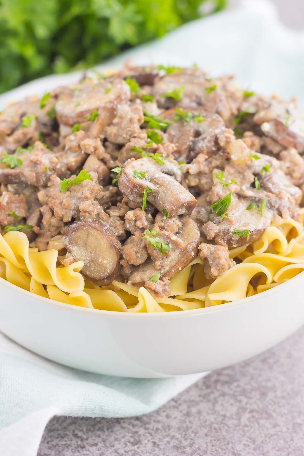 A bowl of ground beef stroganoff atop a bed of buttered egg noodles. 