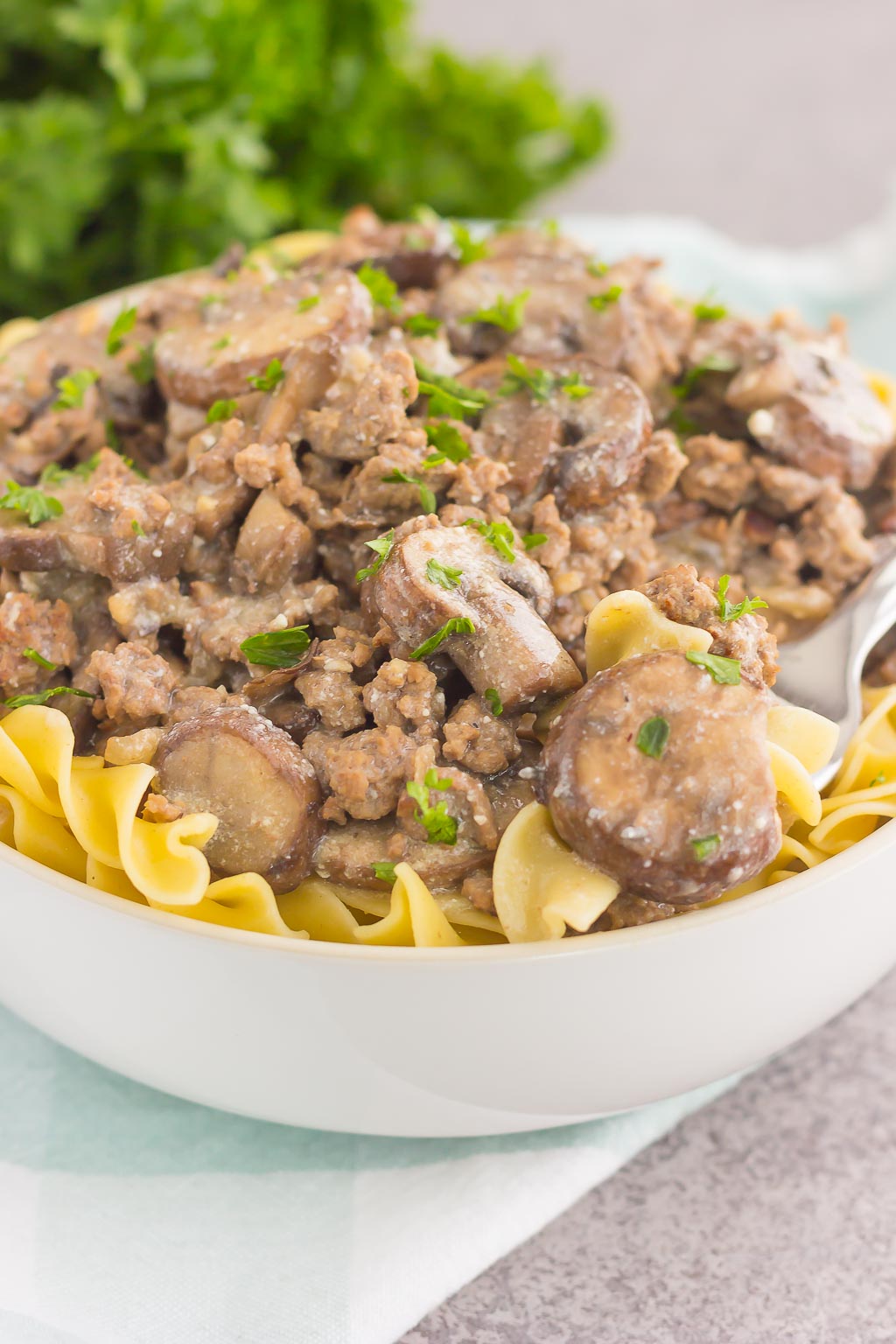 A bowl of beef stroganoff with ground beef atop a bed of buttered egg noodles. 