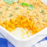 pumpkin mac and cheese in a white dish