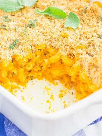 pumpkin mac and cheese in a white dish