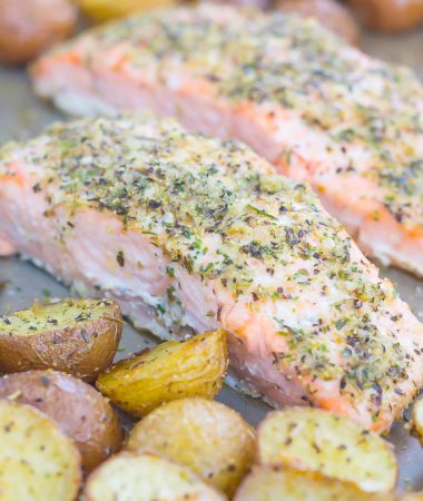 This Sheet Pan Garlic Herb Salmon with Roasted Potatoes and Asparagus makes the perfect meal for busy weeknights. Everything is roasted on one pan, seasoned to perfection and made with just a few ingredients. Easy to make and even better to eat, this one pan meal is sure to be a hit at the dinner table!