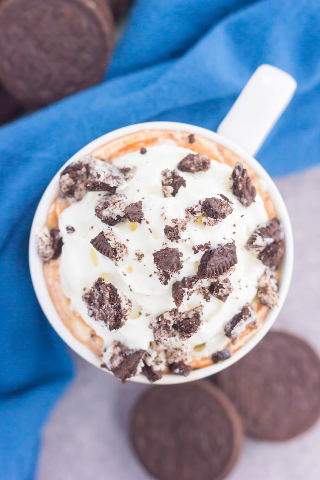 overhead view of a mug of oreo hot chocolate