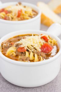 a white bowl with quick lasagna soup in it