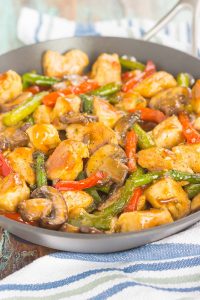 honey garlic chicken stir-fry in a pan