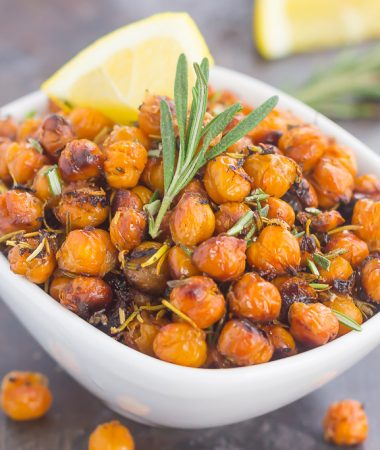 These Roasted Lemon Rosemary Chickpeas make a delicious snack or great addition to salads or soups. Packed with tangy lemon and fresh rosemary, these crunchy chickpeas are easy to make and perfect for when the munchies strike!