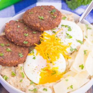 Savory Parmesan Oatmeal is a delicious way to switch up your breakfast routine. Packed with hearty oats, fresh Parmesan cheese and veggie sausage, this simple dish is a healthier option for when you want a warm and comforting meal!