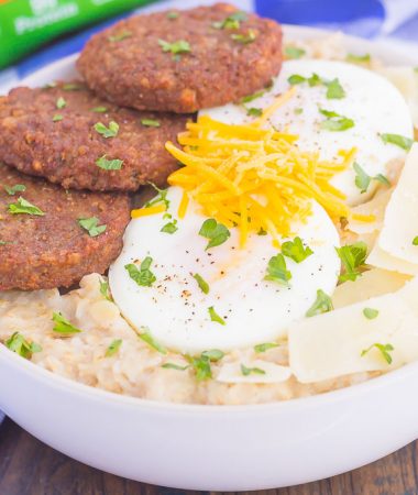 Savory Parmesan Oatmeal is a delicious way to switch up your breakfast routine. Packed with hearty oats, fresh Parmesan cheese and veggie sausage, this simple dish is a healthier option for when you want a warm and comforting meal!