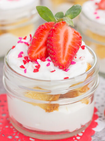 These Strawberry White Chocolate Pound Cake Trifles make a simple yet decadent dessert that's perfect for just about any occasion. Filled with pound cake chunks, white chocolate mousse and fresh strawberries, this easy, no-bake treat is ready in no time!