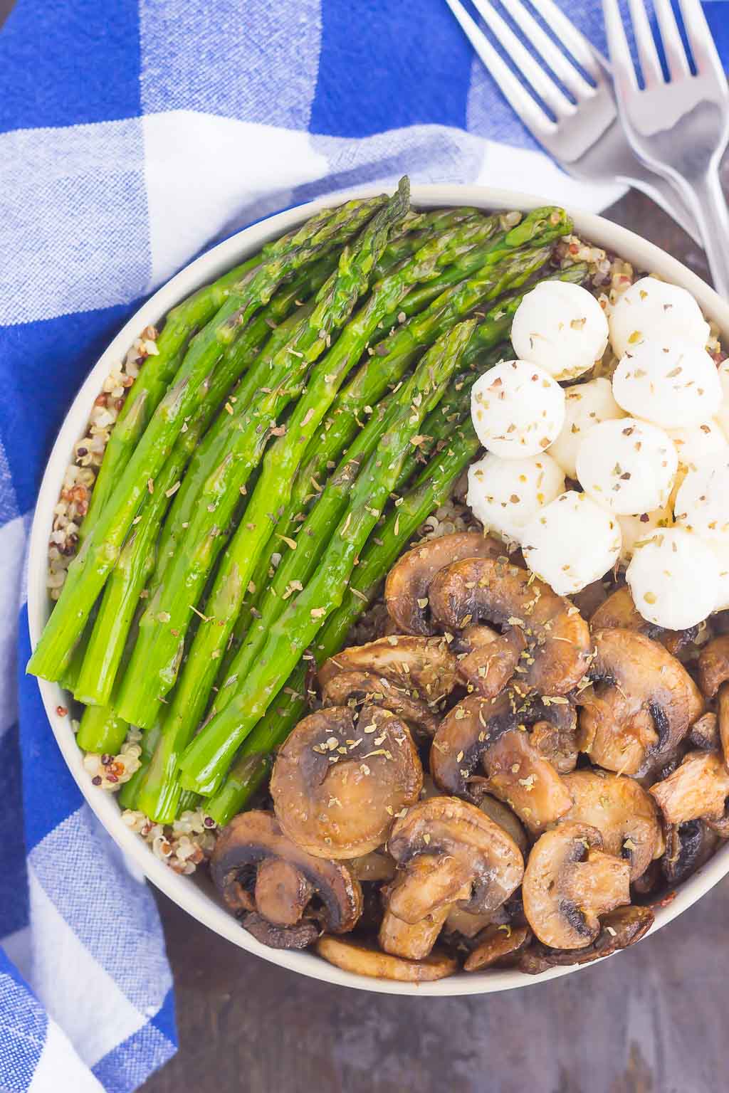 If you’re looking for a new favorite recipe, this Asparagus and Mushroom Quinoa Bowl will become a regular in your meal rotation. Hearty quinoa is tossed in a white balsamic dressing and then topped with roasted asparagus and fresh mushrooms. Fast, fresh and flavorful, this easy meal makes a delicious lunch or dinner!