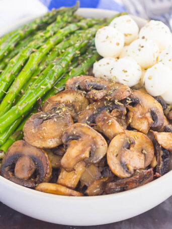 If you’re looking for a new favorite recipe, this Asparagus and Mushroom Quinoa Bowl will become a regular in your meal rotation. Hearty quinoa is tossed in a white balsamic dressing and then topped with roasted asparagus and fresh mushrooms. Fast, fresh and flavorful, this easy meal makes a delicious lunch or dinner!