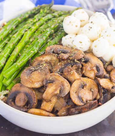 If you’re looking for a new favorite recipe, this Asparagus and Mushroom Quinoa Bowl will become a regular in your meal rotation. Hearty quinoa is tossed in a white balsamic dressing and then topped with roasted asparagus and fresh mushrooms. Fast, fresh and flavorful, this easy meal makes a delicious lunch or dinner!