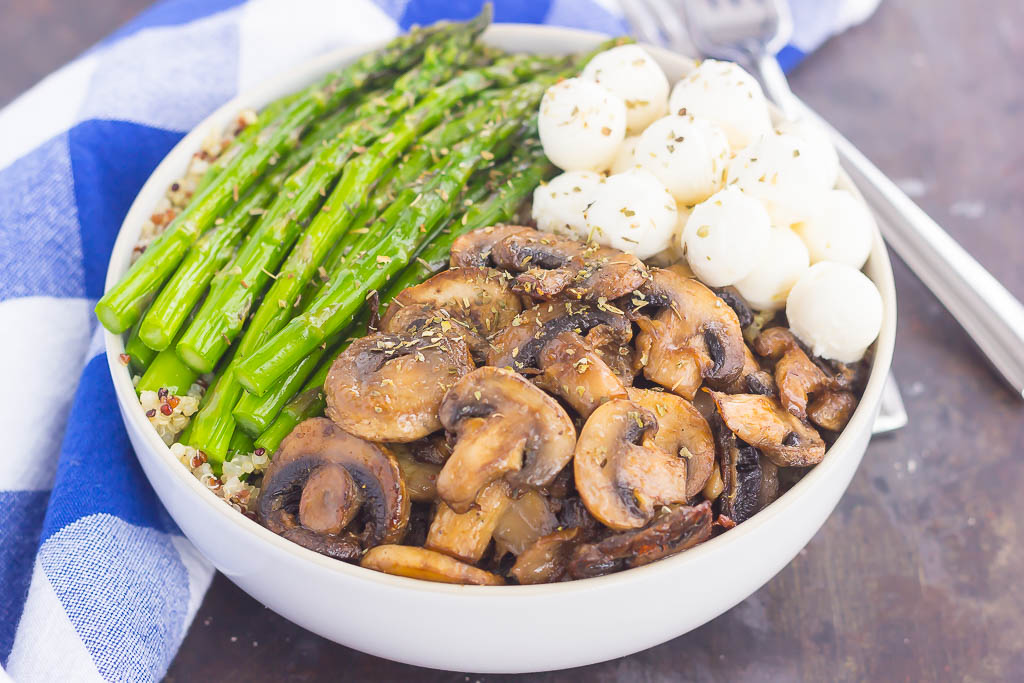 If you’re looking for a new favorite recipe, this Asparagus and Mushroom Quinoa Bowl will become a regular in your meal rotation. Hearty quinoa is tossed in a white balsamic dressing and then topped with roasted asparagus and fresh mushrooms. Fast, fresh and flavorful, this easy meal makes a delicious lunch or dinner!