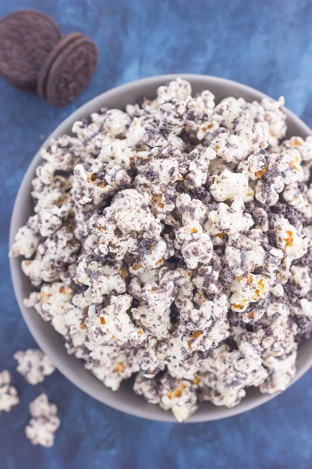 Overhead view of an overflowing bowl of Oreo popcorn.