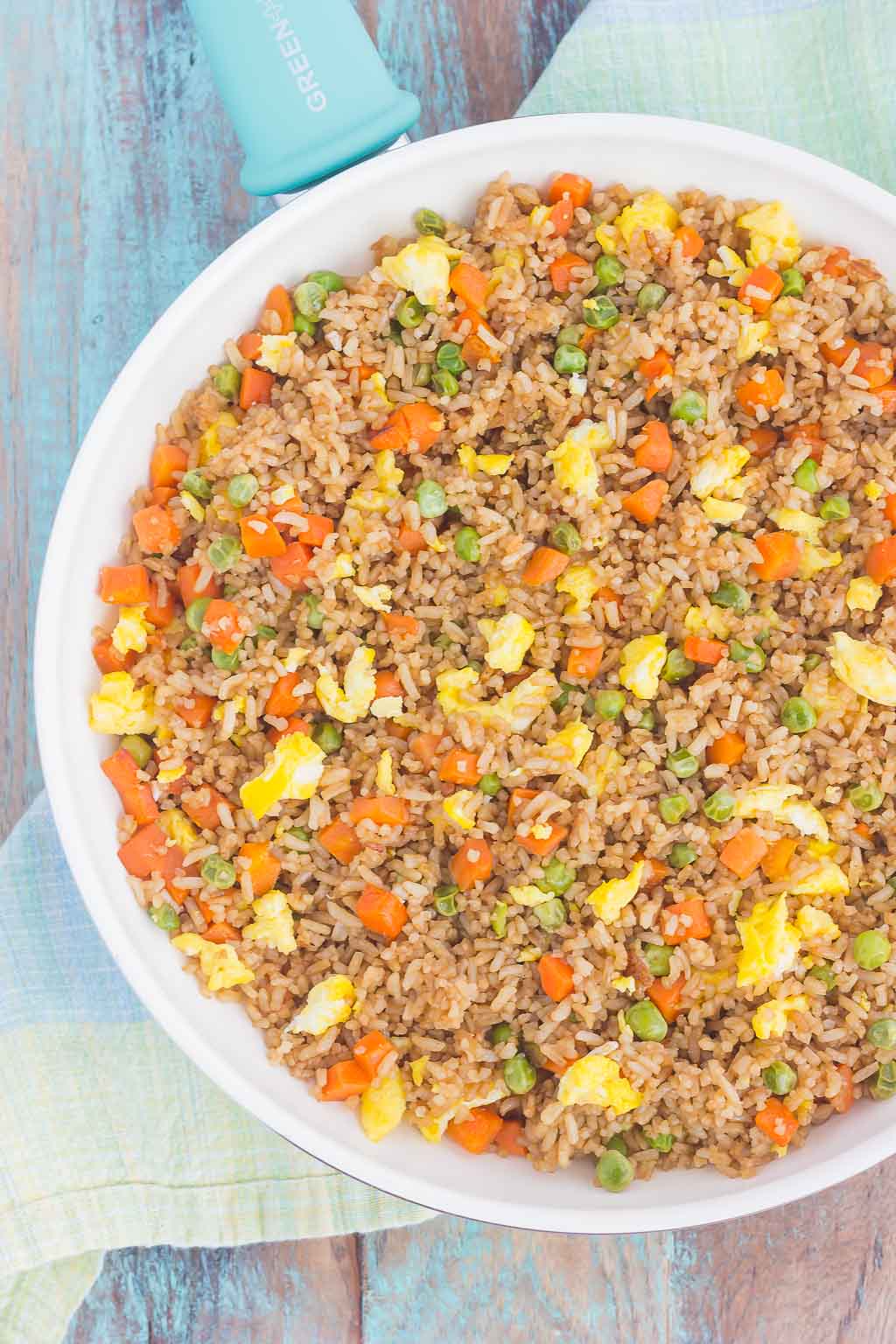 Overhead view of a serving bowl of homemade fried rice