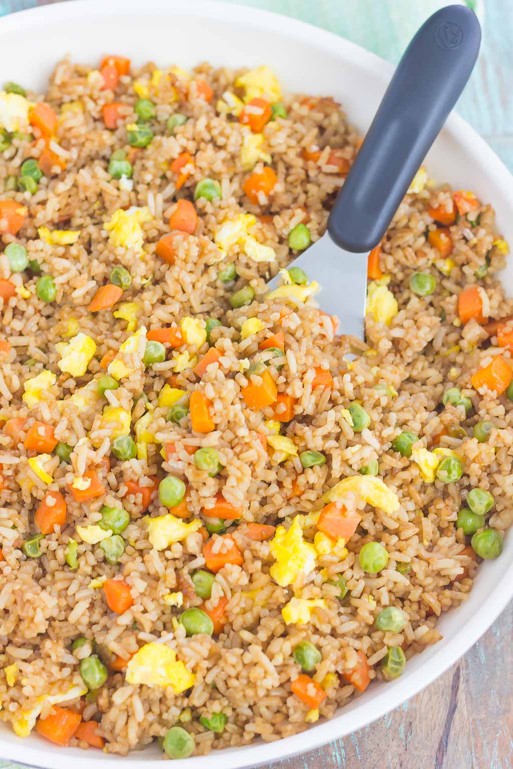 Overhead view of a serving bowl of quick fried rice