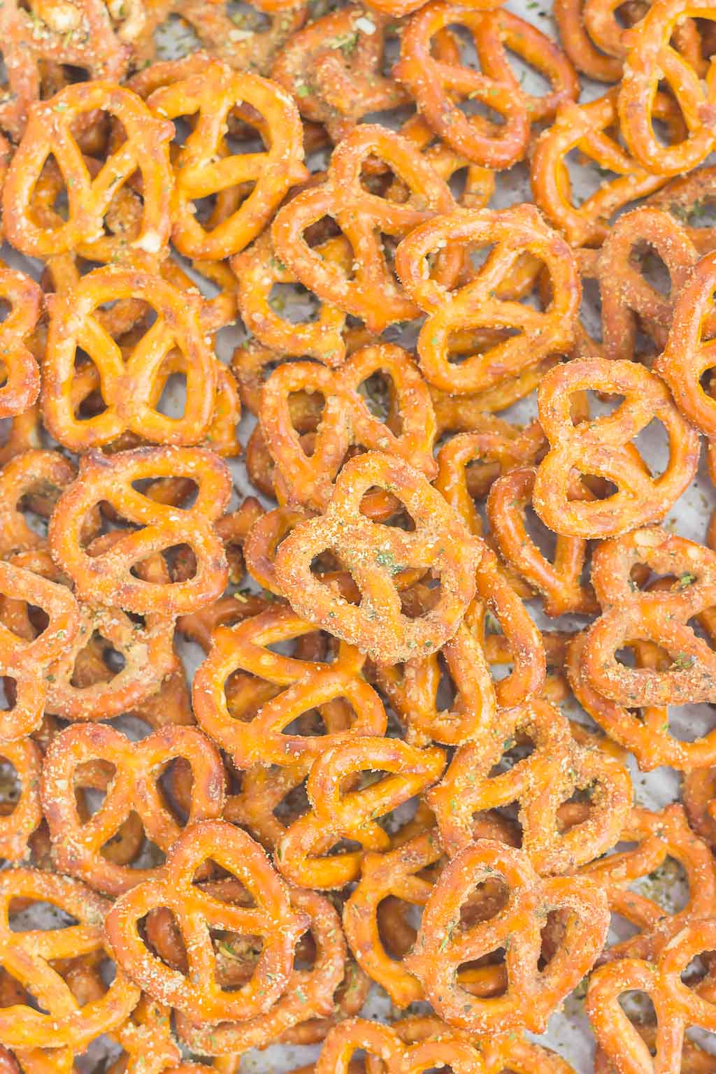 overhead view of ranch pretzels on a baking tray 