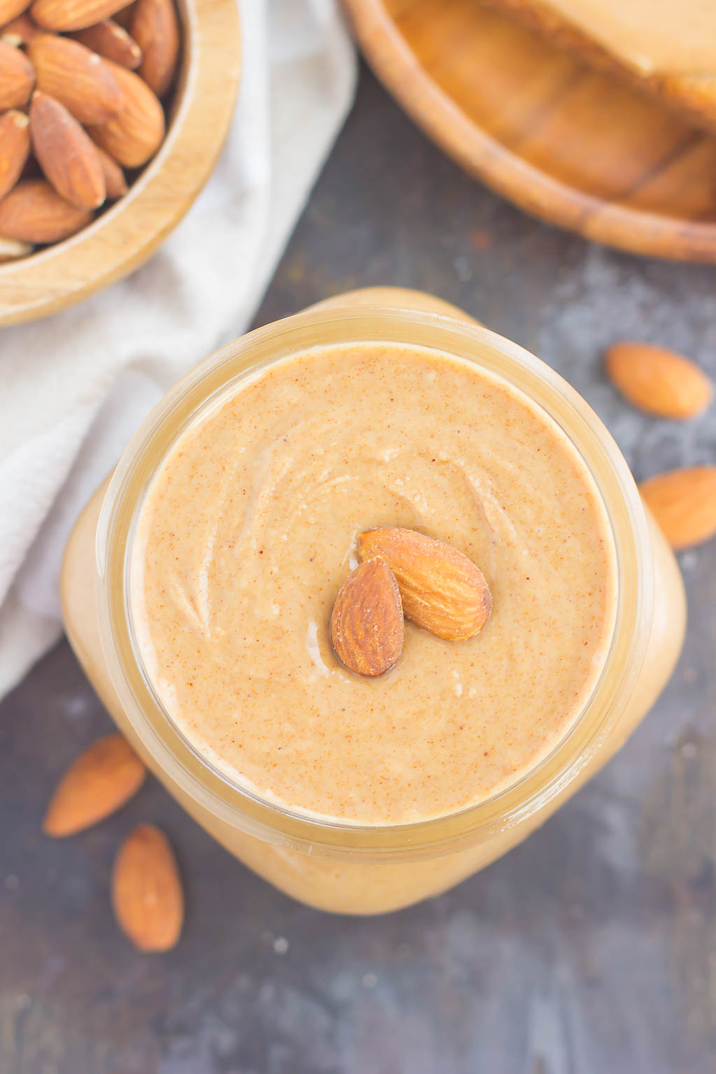 overhead view of jar of homemade almond butter