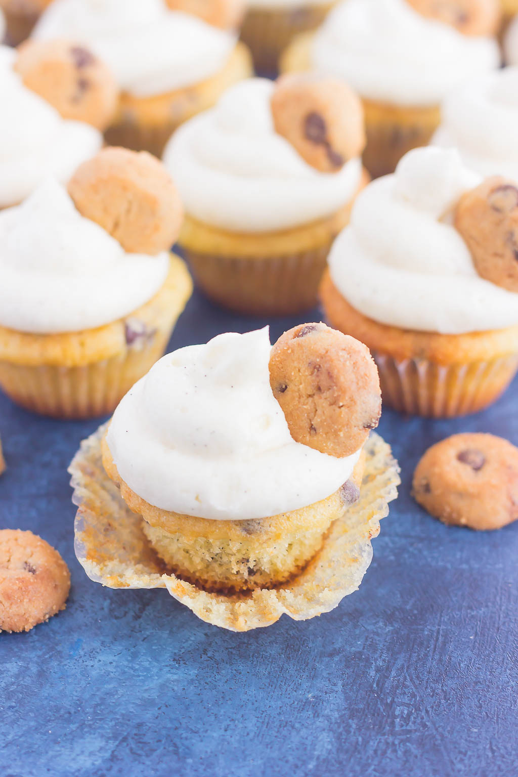 mini chocolate chip cupcakes garnished with mini cookies 