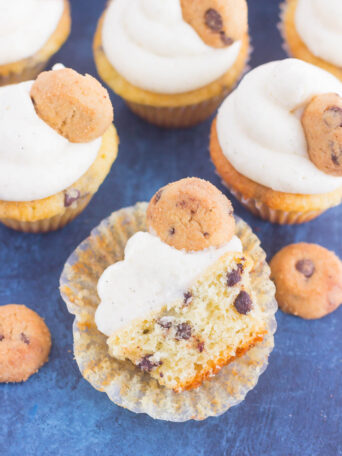 These Mini Chocolate Chip Cupcakes are studded with milk chocolate chips and topped with a sweet vanilla frosting. Light, fluffy, and bursting with flavor, these mini treats are perfect for chocolate chip lovers everywhere!