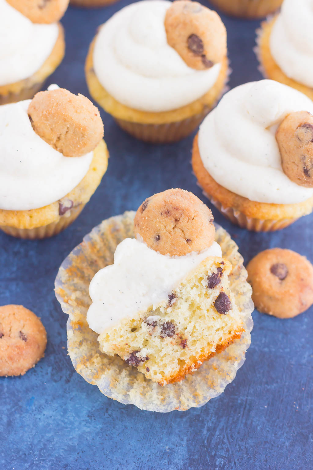 overhead view of mini chocolate chip cupcake cut in half