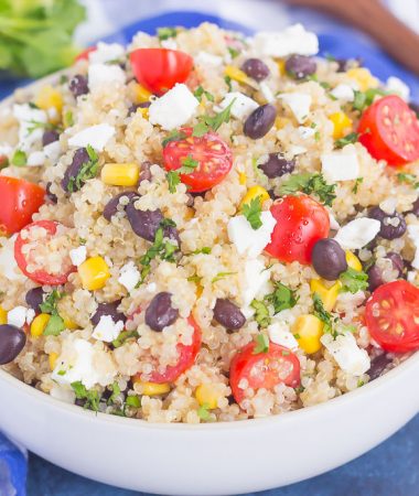This Corn and Black Bean Quinoa Salad is hearty, on the healthier side, and perfect for a light meal. Quinoa is tossed with black beans, fresh corn, cilantro and tomatoes, and then tossed in a light white balsamic dressing. Loaded with flavor and ready in less than 30 minutes, this simple salad is perfect for lunch or dinner!
