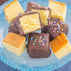 These Chocolate Covered Pound Cake Bites make a sweet, no-bake recipe that's portable, poppable and delicious. Pound cake is cut into chunks and then dipped in sweet dark chocolate for an easy and decadent treat. With just two ingredients and hardly any prep time, you can have this simple dessert ready for any occasion! 