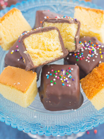 These Chocolate Covered Pound Cake Bites make a sweet, no-bake recipe that's portable, poppable and delicious. Pound cake is cut into chunks and then dipped in sweet dark chocolate for an easy and decadent treat. With just two ingredients and hardly any prep time, you can have this simple dessert ready for any occasion! 