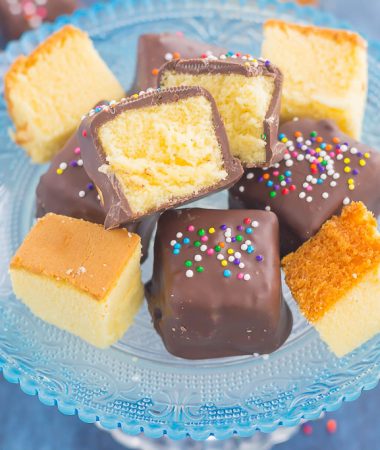 These Chocolate Covered Pound Cake Bites make a sweet, no-bake recipe that's portable, poppable and delicious. Pound cake is cut into chunks and then dipped in sweet dark chocolate for an easy and decadent treat. With just two ingredients and hardly any prep time, you can have this simple dessert ready for any occasion! 