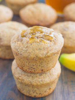 These Healthier Banana Honey Muffins are a simple, one-bowl breakfast or snack. Packed with sweet bananas and a touch of honey, these muffins bake up soft, moist, and on the healthier side!