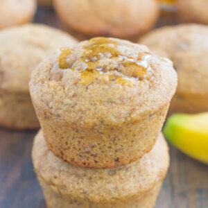 These Healthier Banana Honey Muffins are a simple, one-bowl breakfast or snack. Packed with sweet bananas and a touch of honey, these muffins bake up soft, moist, and on the healthier side!