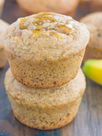 These Healthier Banana Honey Muffins are a simple, one-bowl breakfast or snack. Packed with sweet bananas and a touch of honey, these muffins bake up soft, moist, and on the healthier side!