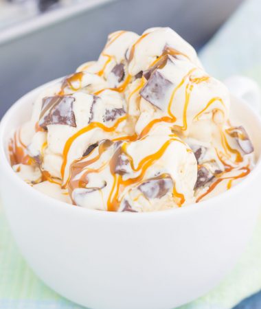 This {No-Churn} Salted Caramel Chocolate Chunk Ice Cream is a simple, must-make treat for the summer. Sweet vanilla ice cream is swirled with rich, salted caramel and loaded with chunks of chocolate. Easy to make and with no ice cream maker needed, you can have this decadent dessert ready in no time!