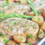 This Sheet Pan Rosemary Herb Pork Chops and Roasted Potatoes is a deliciously easy meal for busy nights. Made entirely on one pan and seasoned to perfection with fresh rosemary and herbs, this simple dish is sure to be a dinnertime favorite all year long!