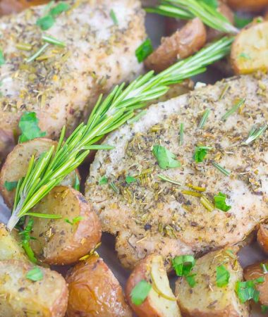 This Sheet Pan Rosemary Herb Pork Chops and Roasted Potatoes is a deliciously easy meal for busy nights. Made entirely on one pan and seasoned to perfection with fresh rosemary and herbs, this simple dish is sure to be a dinnertime favorite all year long!