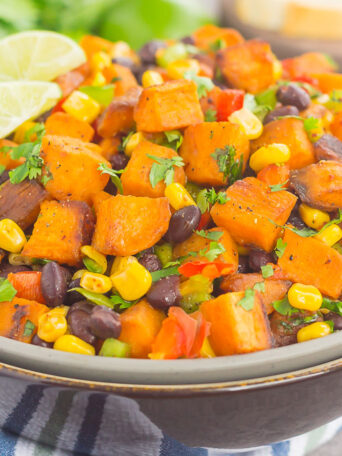 This Southwestern Sweet Potato Salad is loaded with roasted chile lime sweet potatoes, black beans, corn, cilantro, and tossed in a light honey lime dressing. It's perfect for picnics, barbecues and sweet potato lovers everywhere!
