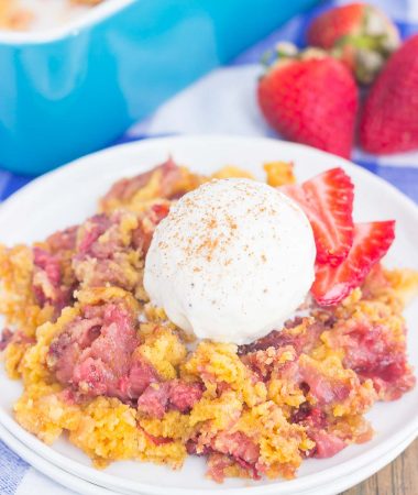 This Strawberry Cinnamon Dump Cake is a deliciously easy dessert that's loaded with flavor. With just four ingredients and hardly any prep time, this simple cake tastes like your favorite cobbler, but without all of the work. Filled with fresh strawberries, a hint of cinnamon and topped with a buttery, crumbly topping, this dessert is sure to be a winner all year long!