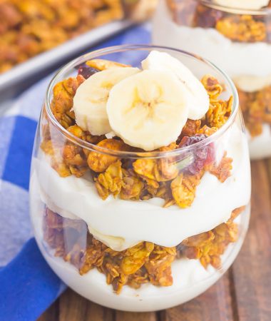 Pumpkin Banana Yogurt Parfait makes a deliciously simple breakfast or snack. Packed with vanilla yogurt, pumpkin spice granola and fresh banana slices, this healthier dish is easy to make and perfect for fall!