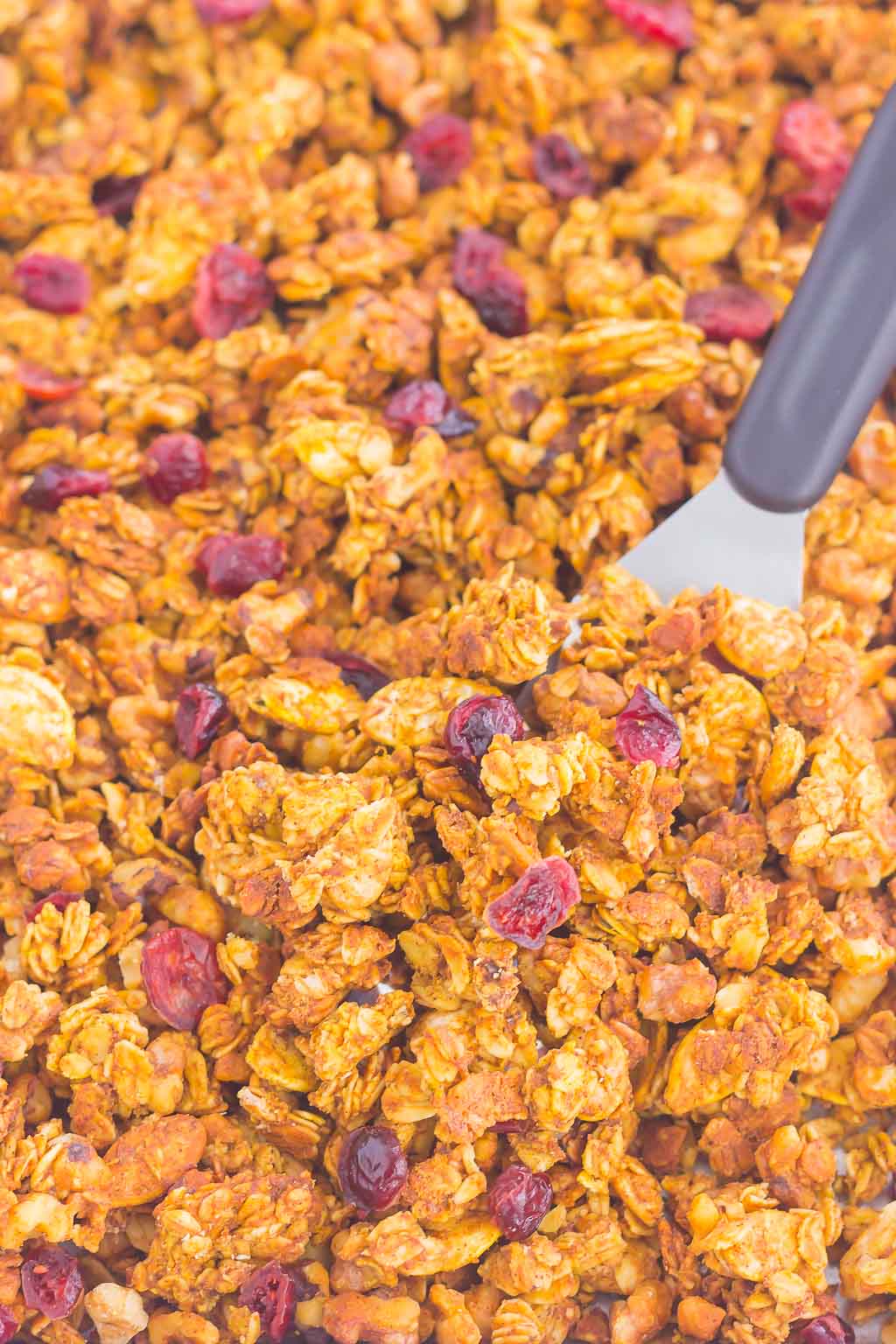 This Pumpkin Spice Granola is a delicious way to savor the flavors of fall. Hearty oats, crunchy walnuts, dried cranberries and fall spices give this granola both texture and flavor. It's simple to make and perfect to eat by the handful, with milk, or on top of yogurt or ice cream! #granola #pumpkingranola #homemadegranola #pumpkinbreakfast #pumpkinsnack #healthygranola